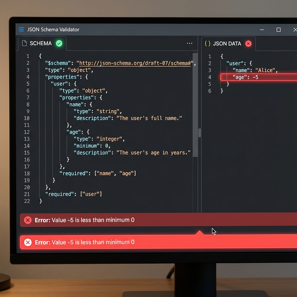 JSON Schema Validator Interface showing an error